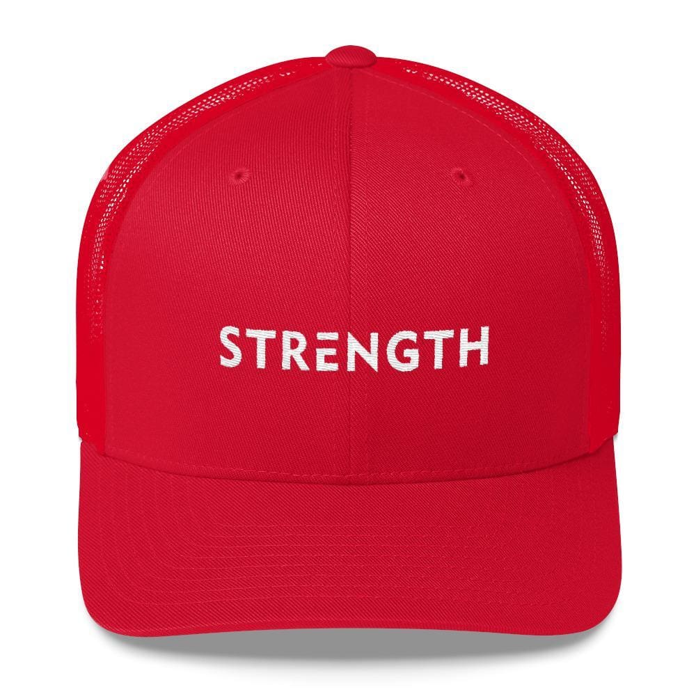 Red snapback trucker hat with 'STRENGTH' front text