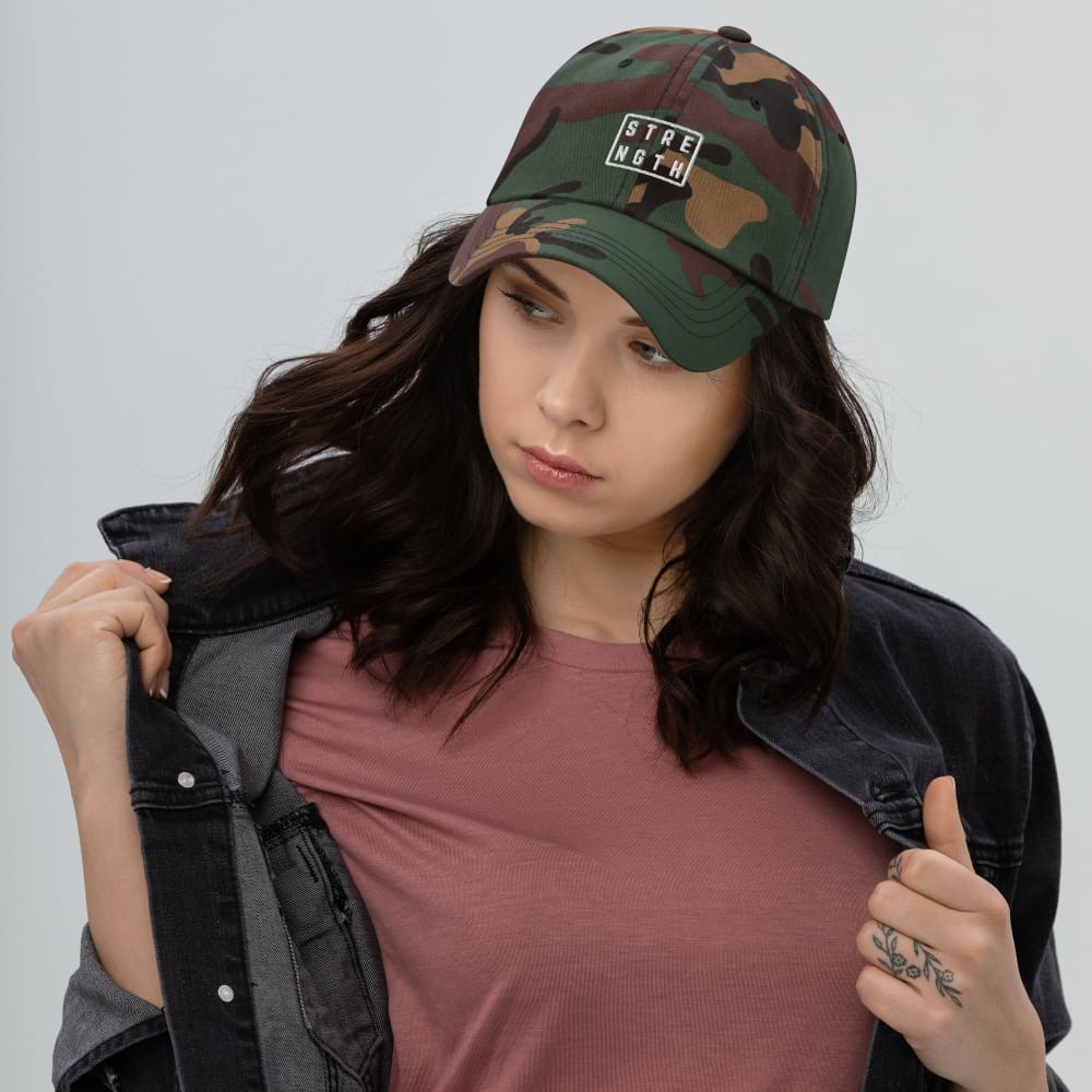 Green camouflage baseball cap with embroidered square logo on front