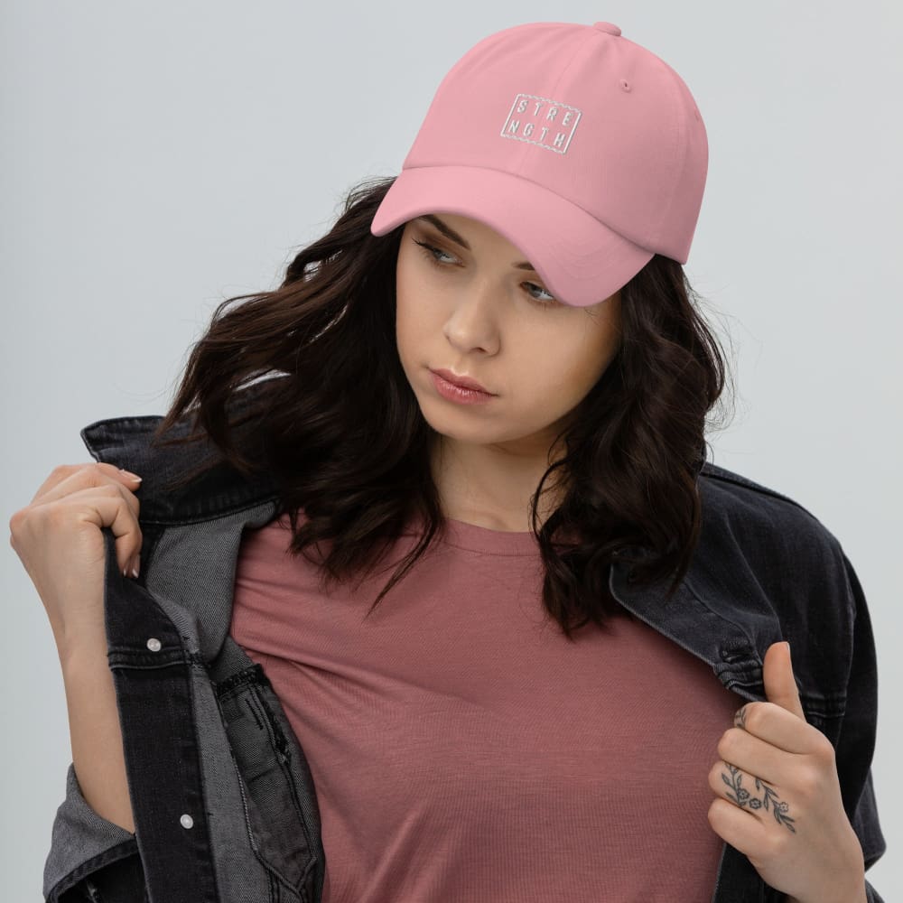 Pink baseball cap with embroidered square logo on front