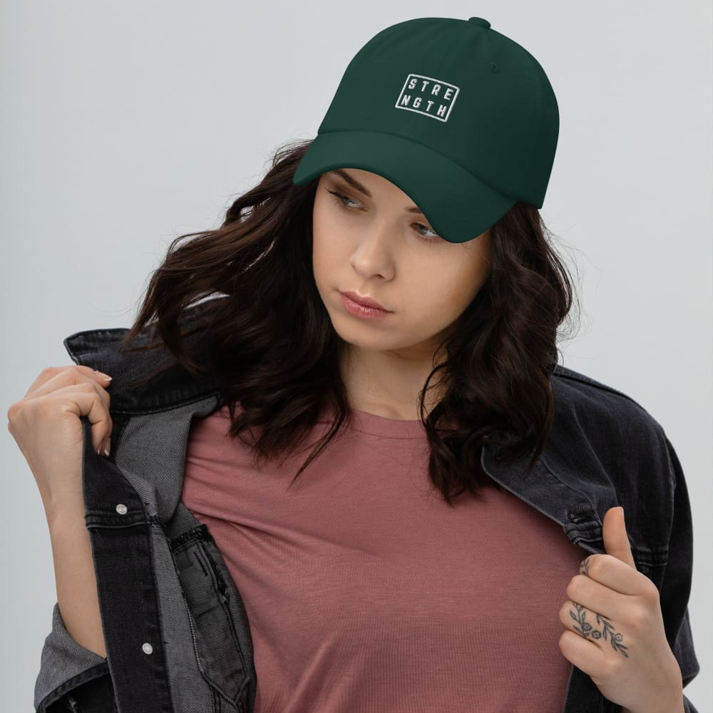 Green baseball cap with embroidered square logo on front
