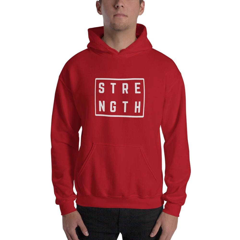 Red hoodie sweatshirt with front pocket and Strength logo