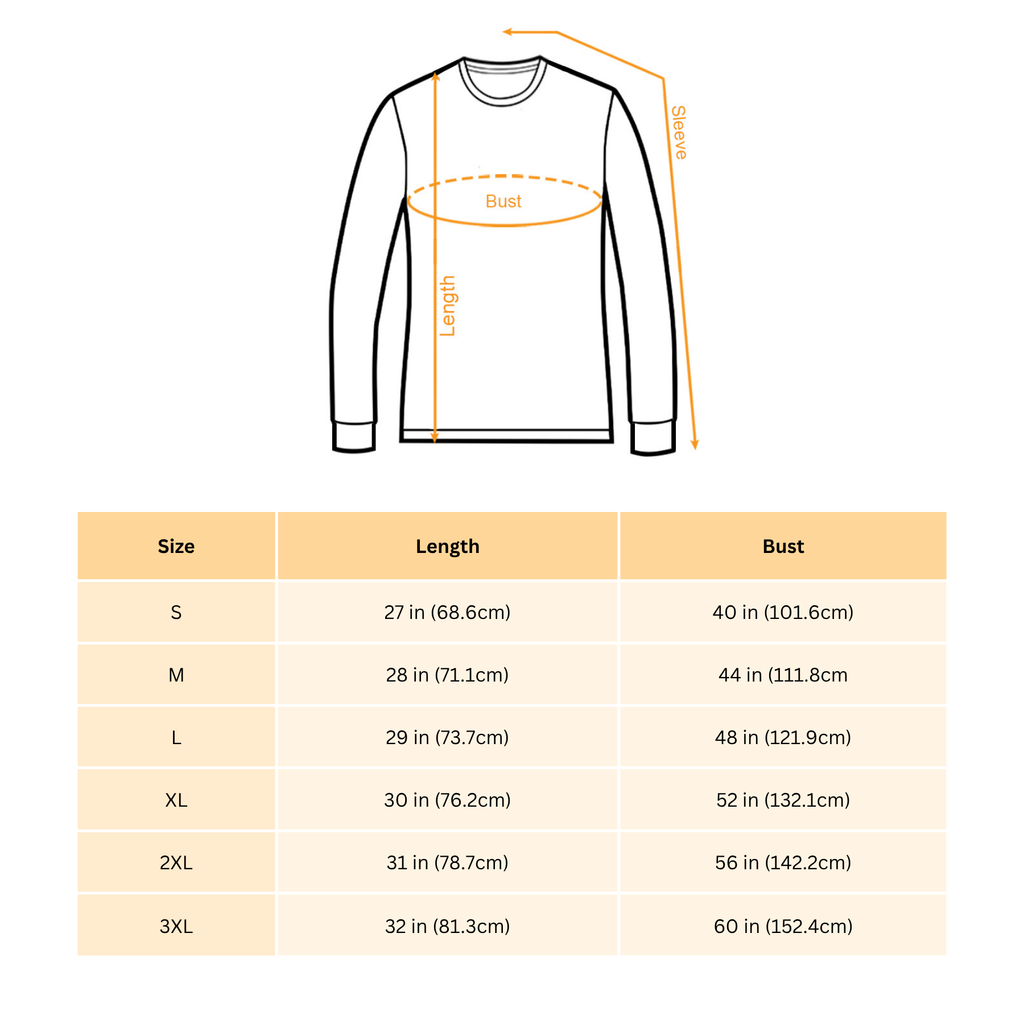 Sweatshirt size chart diagram with bust and length measurements for sizes S–3XL