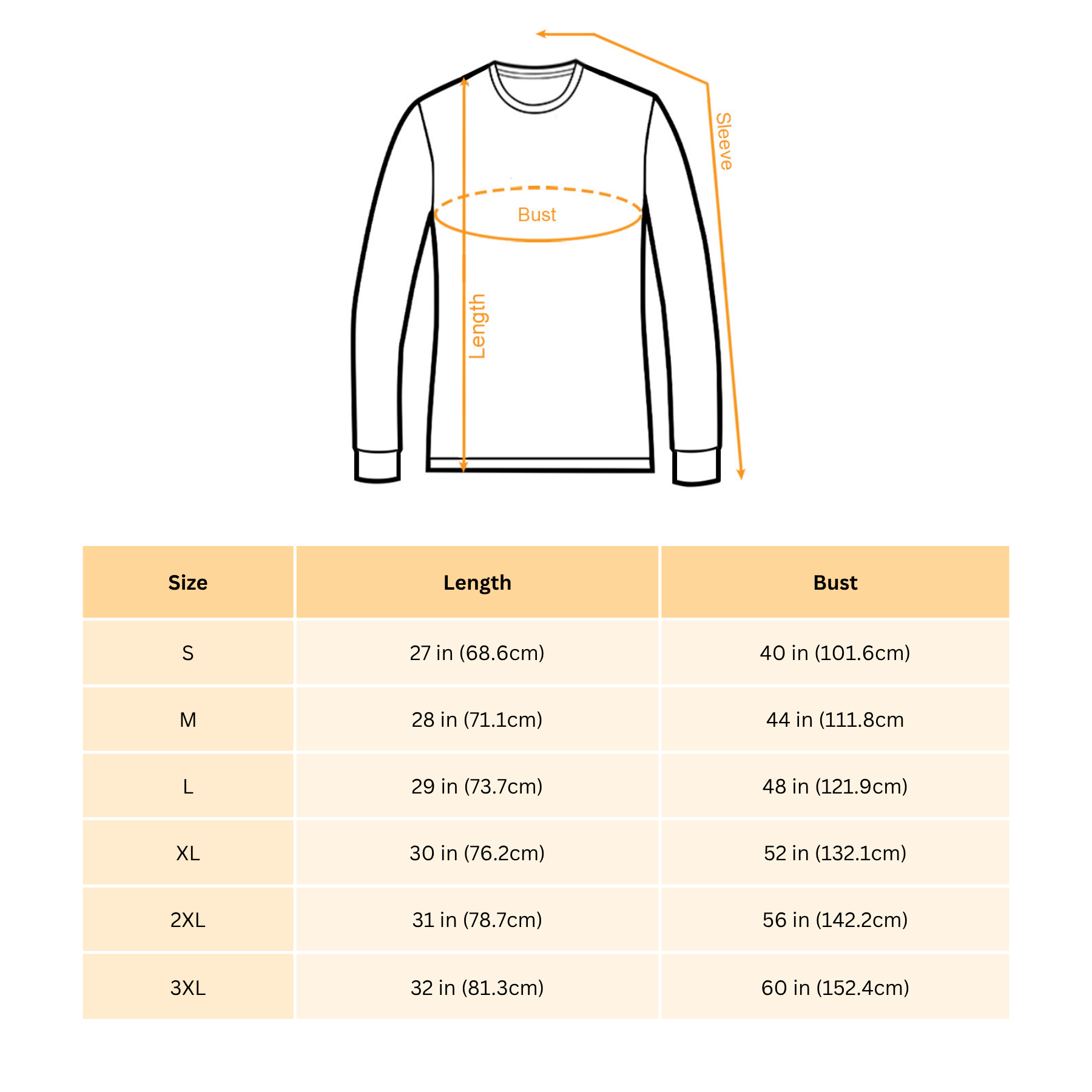 Sweatshirt size chart diagram with bust and length measurements for sizes S–3XL