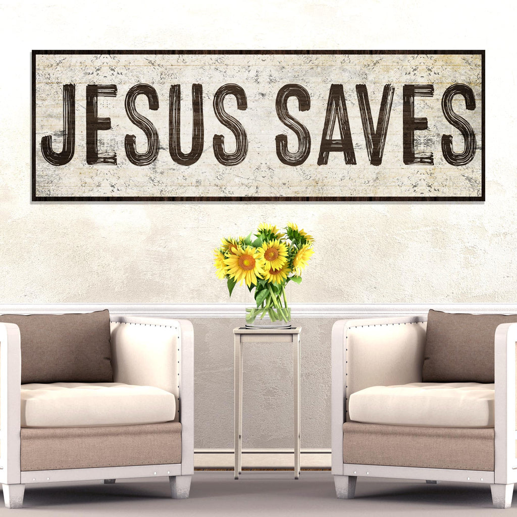 Rectangular “JESUS SAVES!” wall sign with dark distressed border