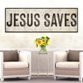 Rectangular “JESUS SAVES!” wall sign with dark distressed border
