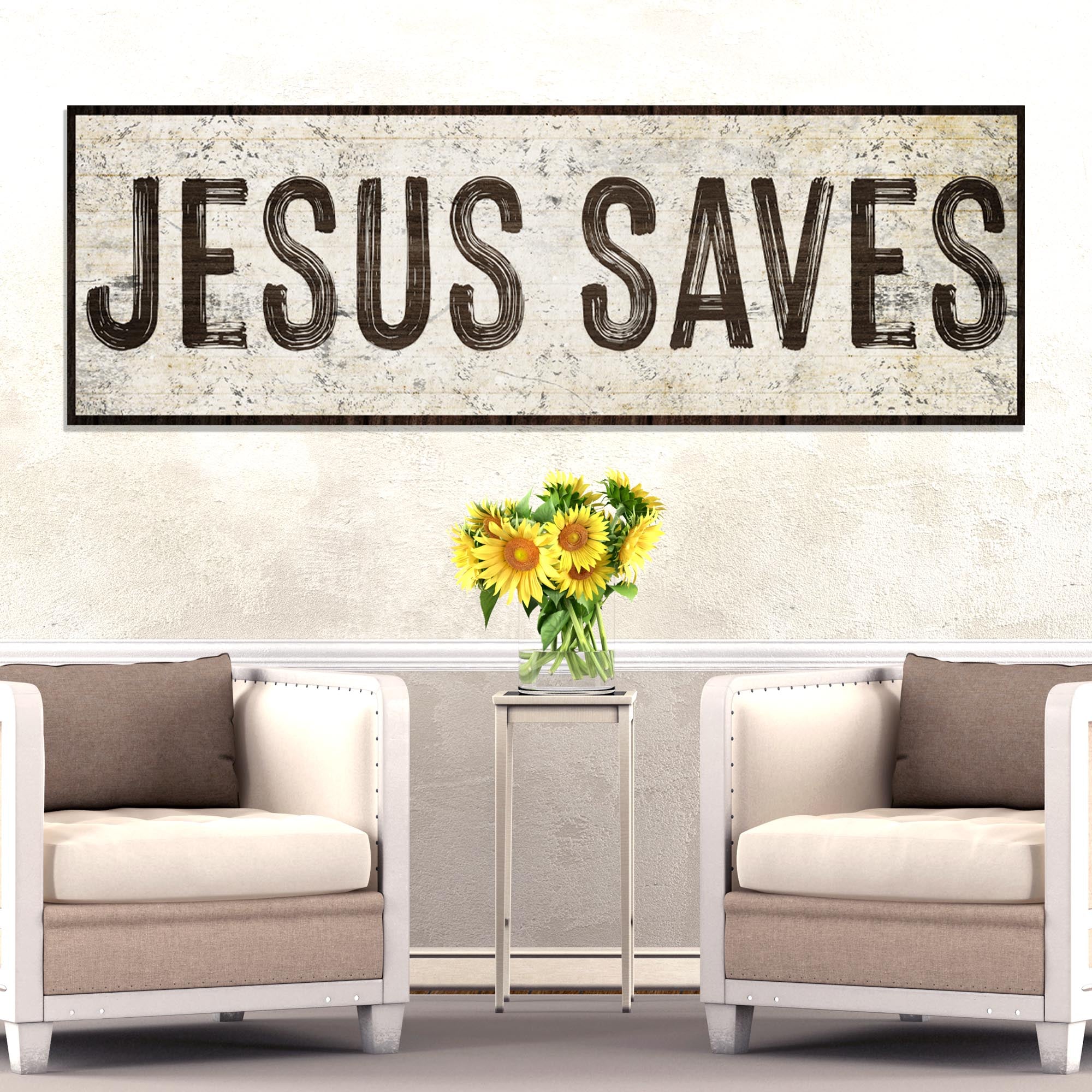 Rectangular “JESUS SAVES!” wall sign with dark distressed border