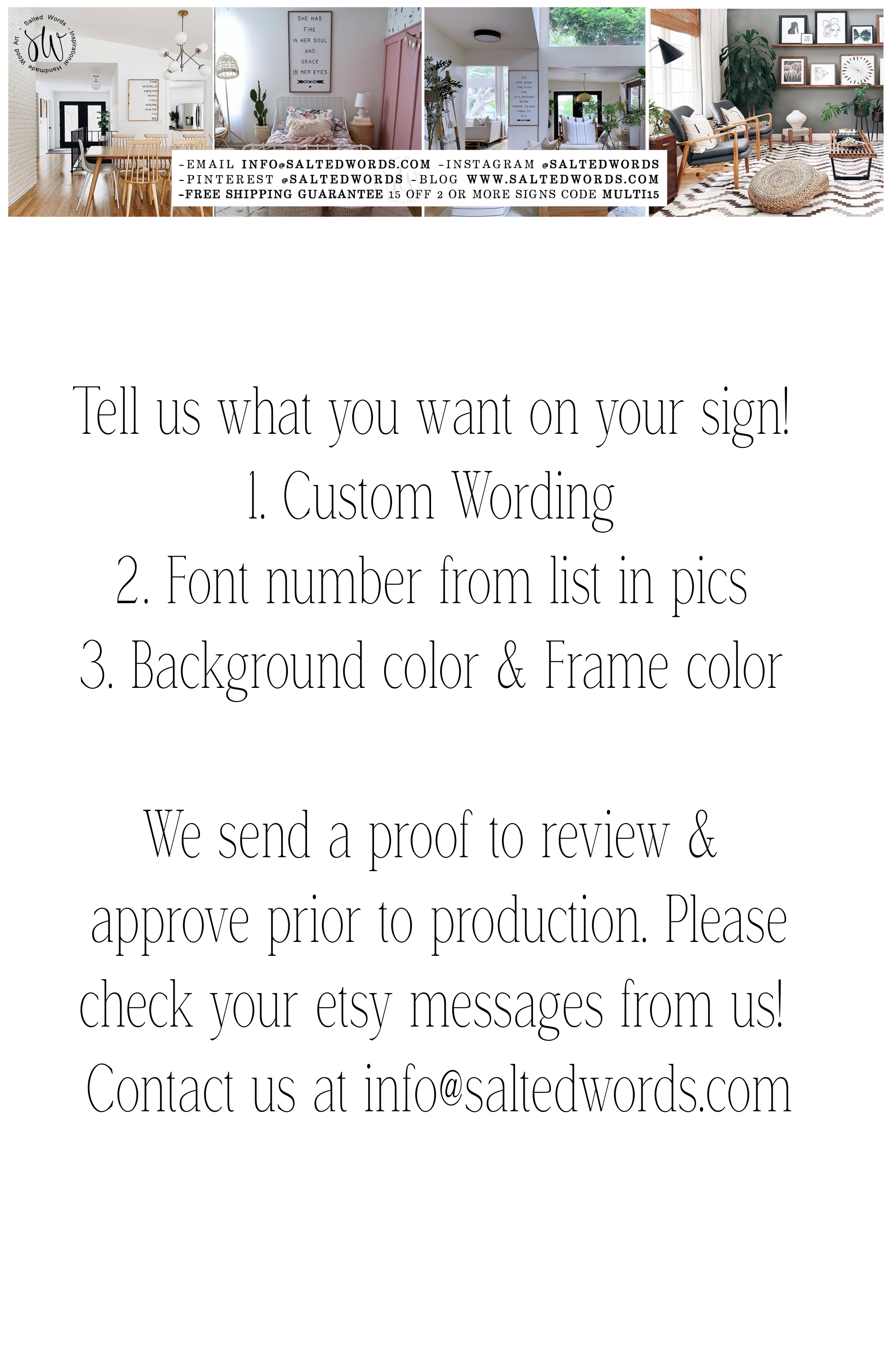 Custom sign ordering instructions sheet with steps for wording, font, colors