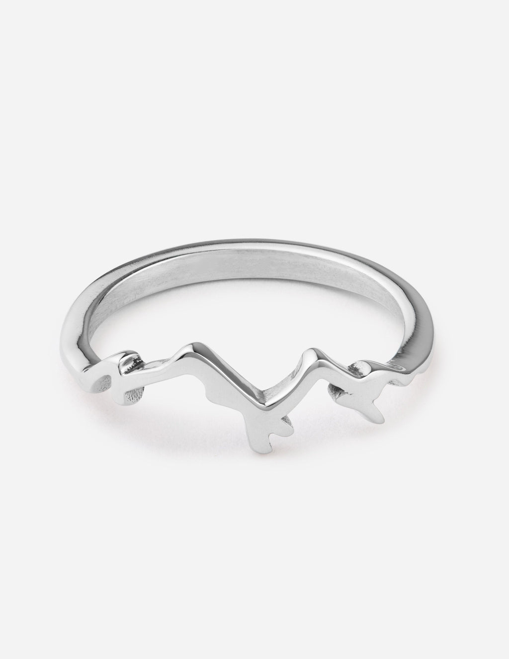 Silver mountain silhouette ring with V-shaped peak detail, open band.