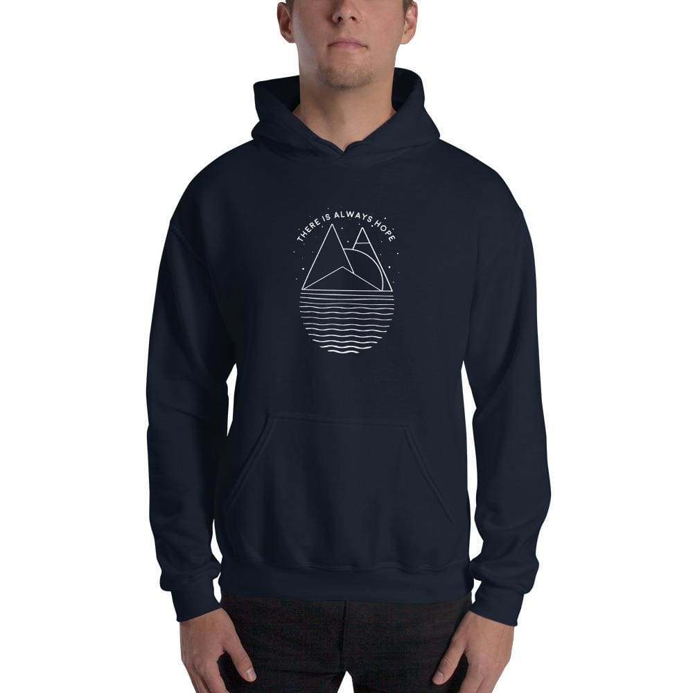 Navy graphic hoodie sweatshirt with front pocket and drawstring hood
