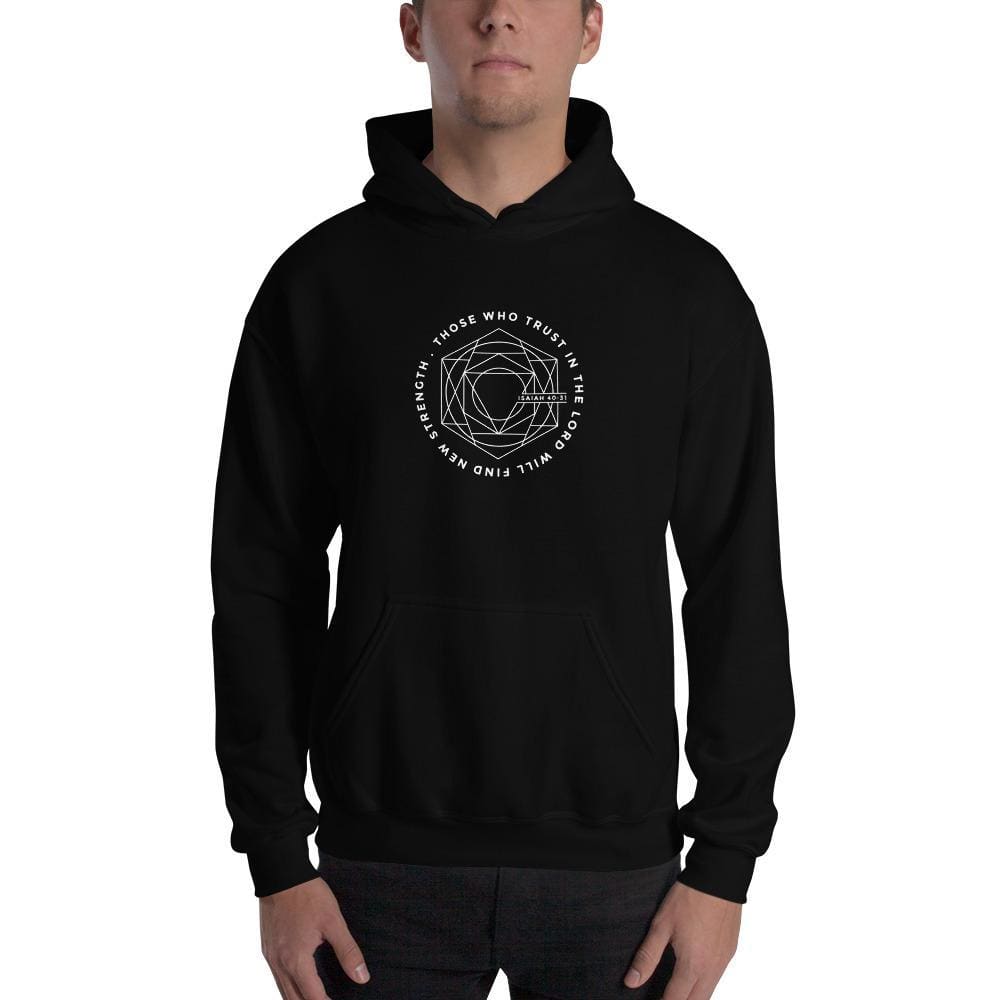 Black Christian hoodie with front chest graphic, kangaroo pocket, and drawstring hood