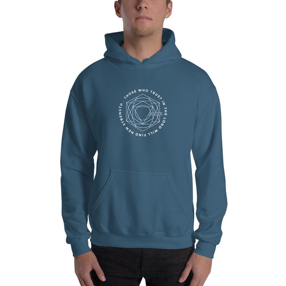 Blue Christian hoodie with front chest graphic, kangaroo pocket, and drawstring hood