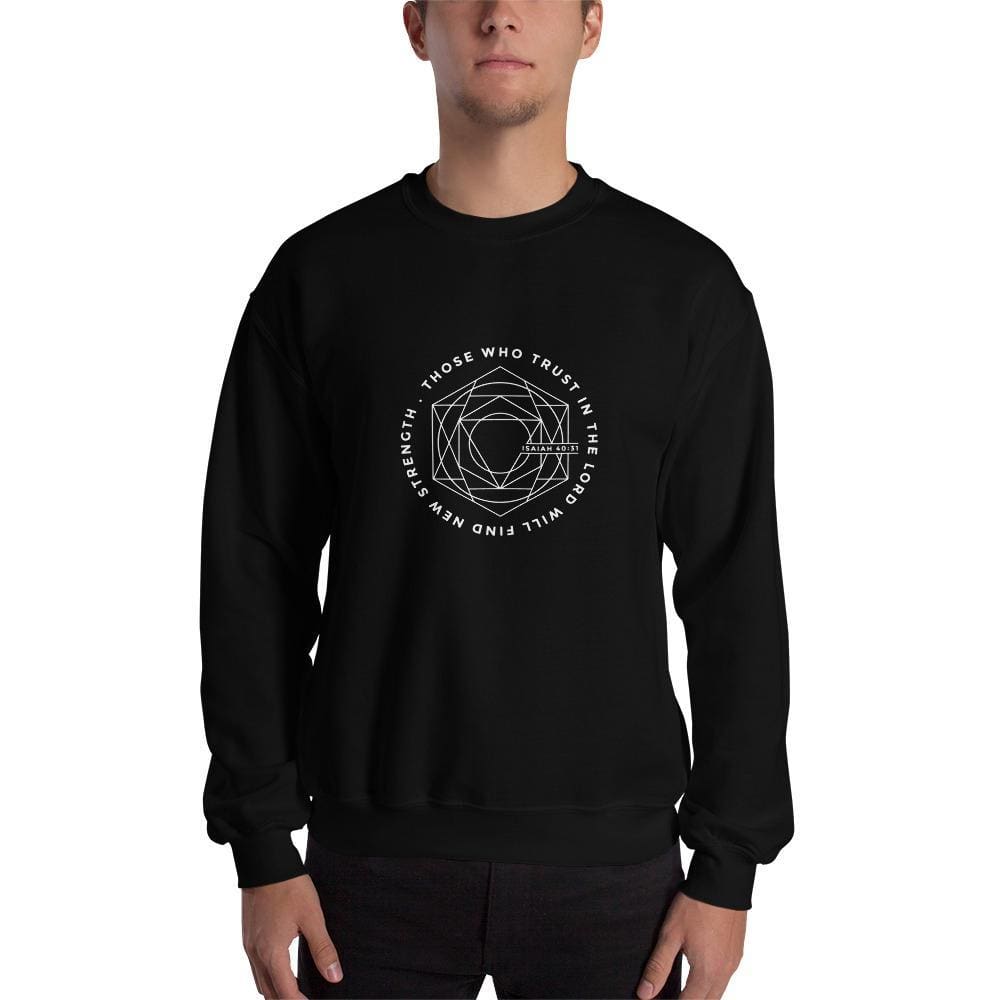 Black Christian crewneck sweatshirt with circular faith graphic on chest