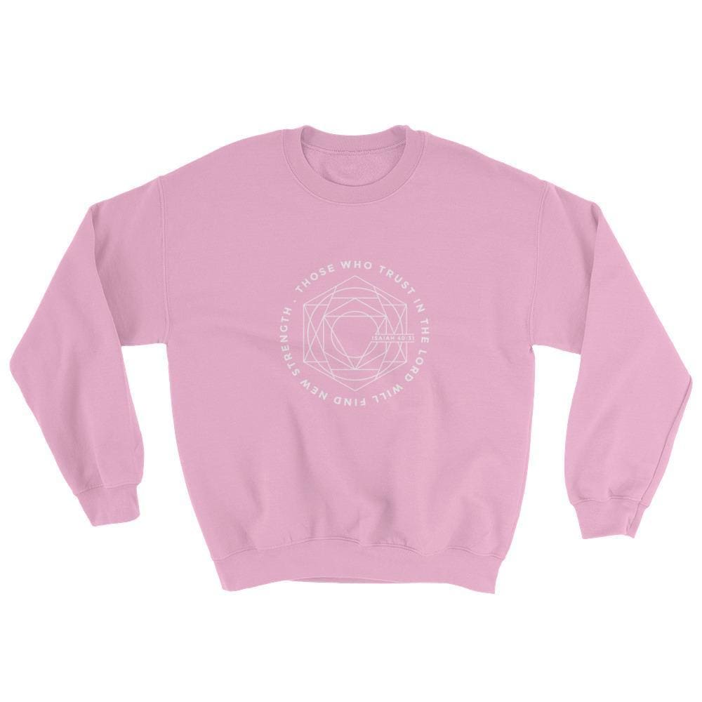 Light pink Christian crewneck sweatshirt with circular faith graphic on chest