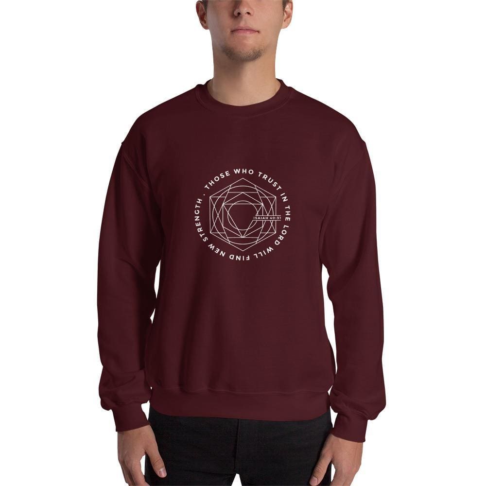 Maroon Christian crewneck sweatshirt with circular faith graphic on chest