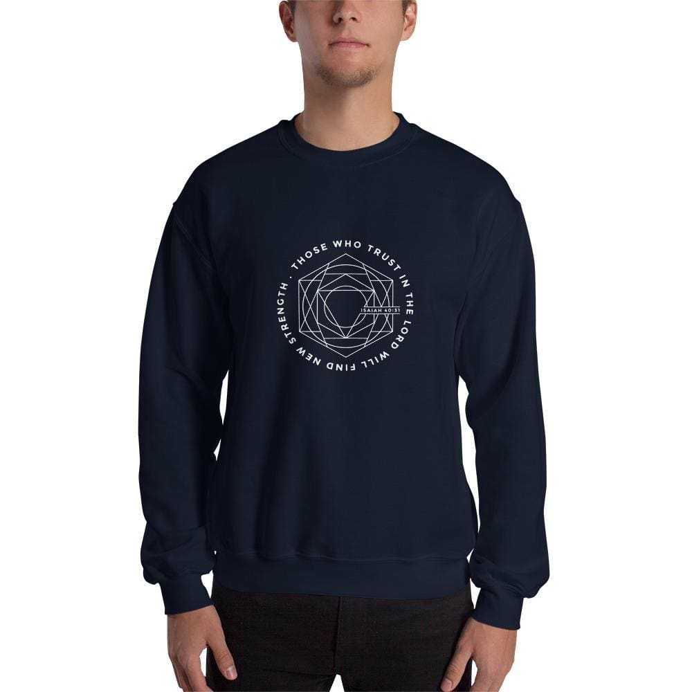 Navy Christian crewneck sweatshirt with circular faith graphic on chest