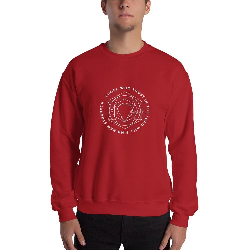Red Christian crewneck sweatshirt with circular faith graphic on chest
