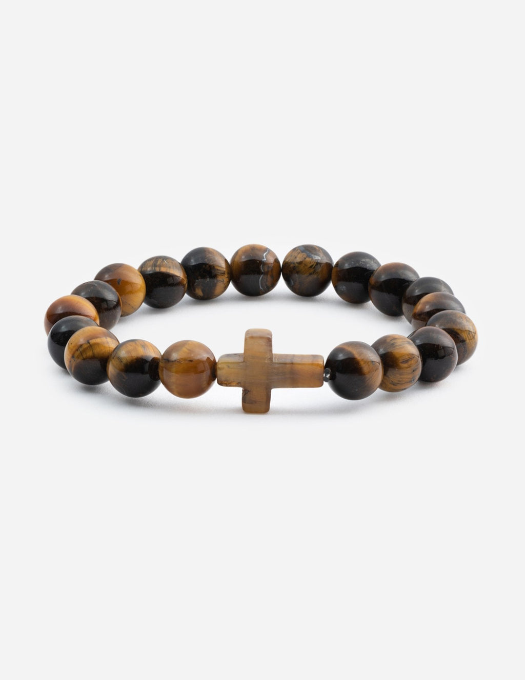 Tiger eye cross bracelet with brown and black round beads and gold cross charm