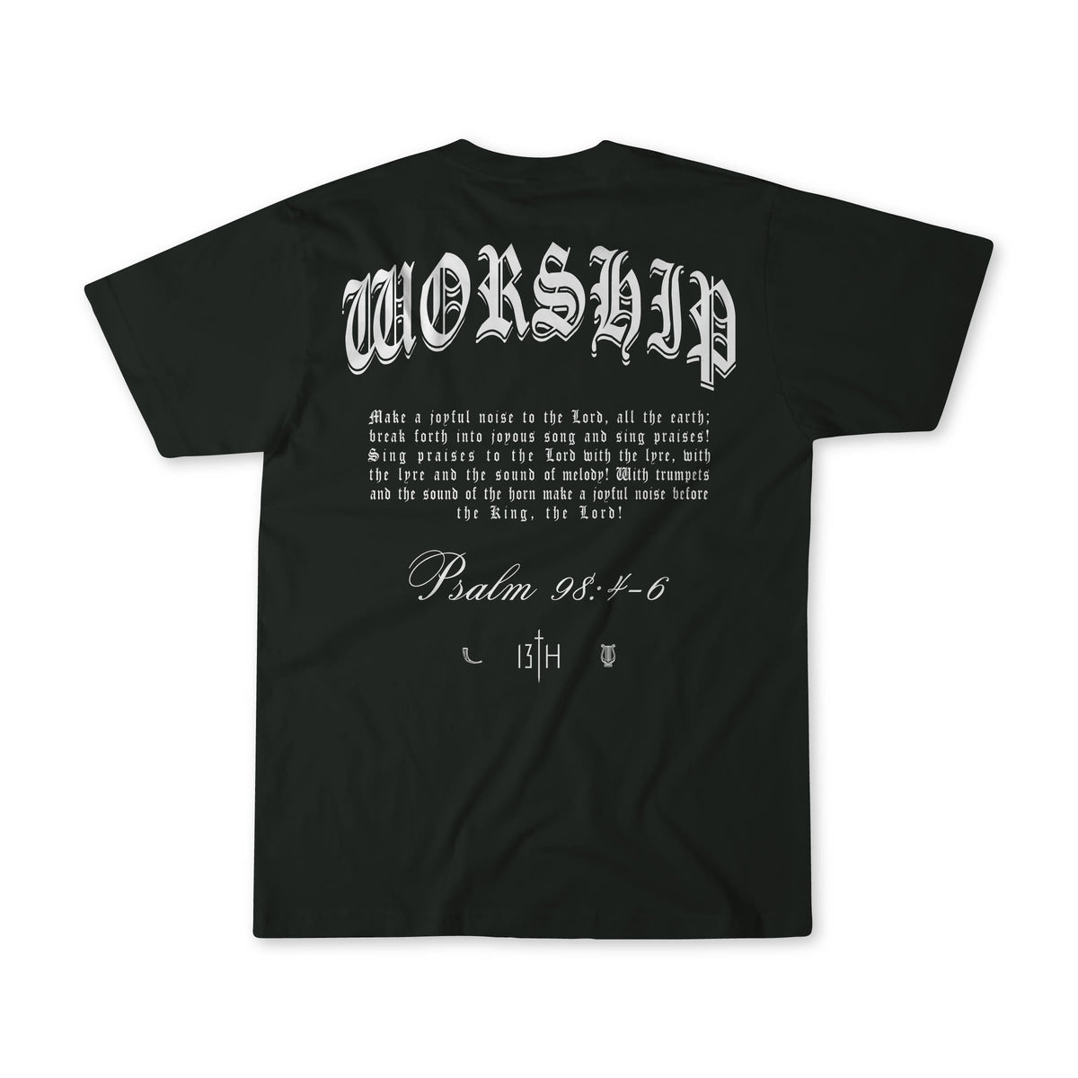 Black premium worship T-shirt with large front scripture graphic