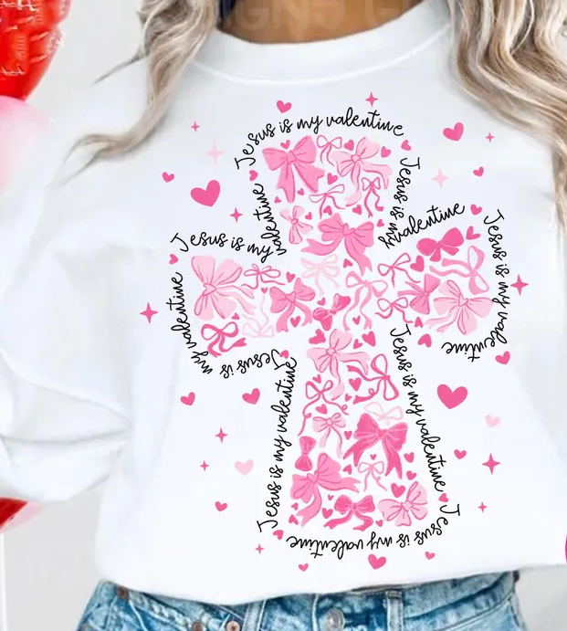 White sweatshirt with pink Valentine floral graphic and script text on front