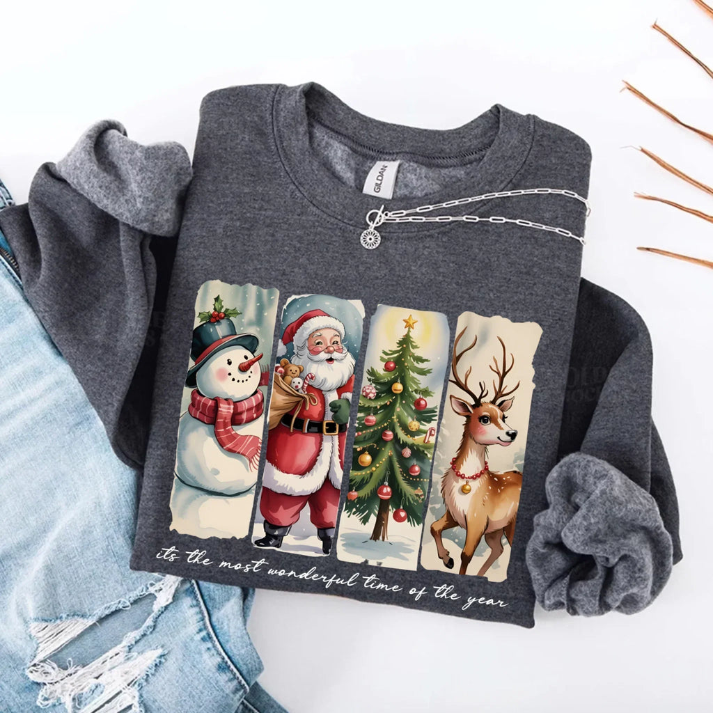 Dark heather grey crewneck sweatshirt with Santa, snowman, tree and reindeer graphic