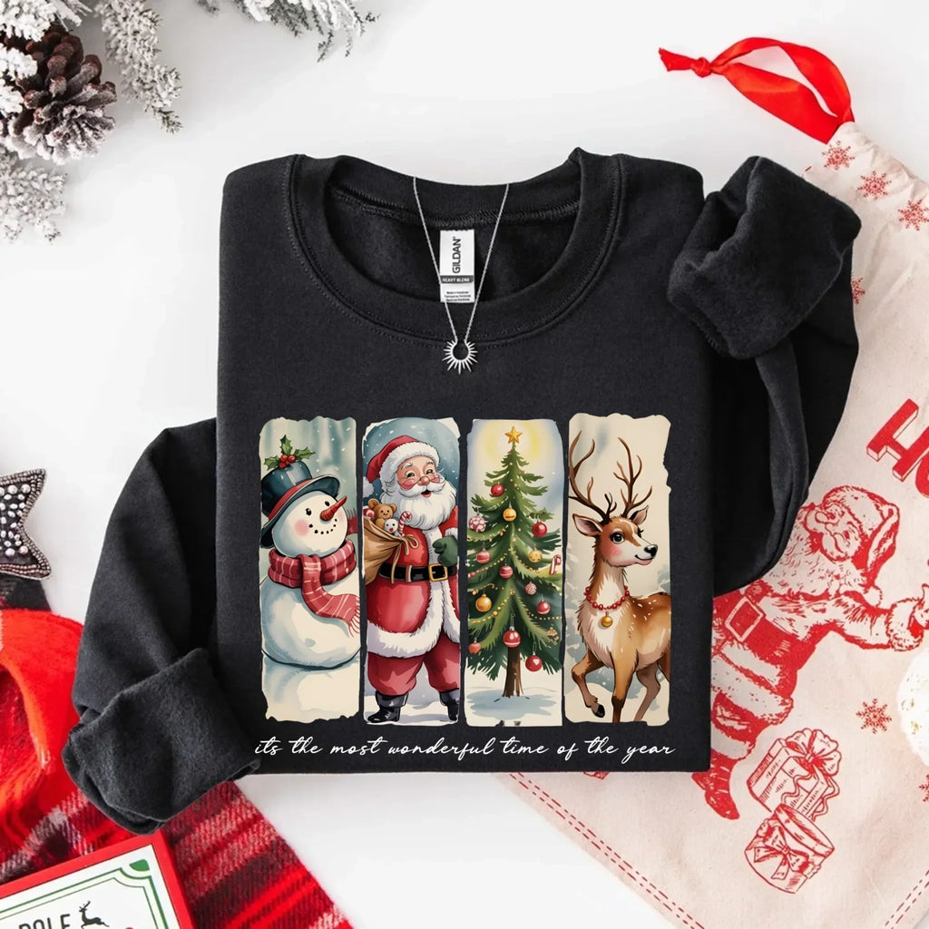Crewneck sweatshirt in dark color with Santa, snowman, tree, and reindeer front graphic