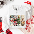 Crewneck sweatshirt in white with Santa, snowman, tree, and reindeer front graphic