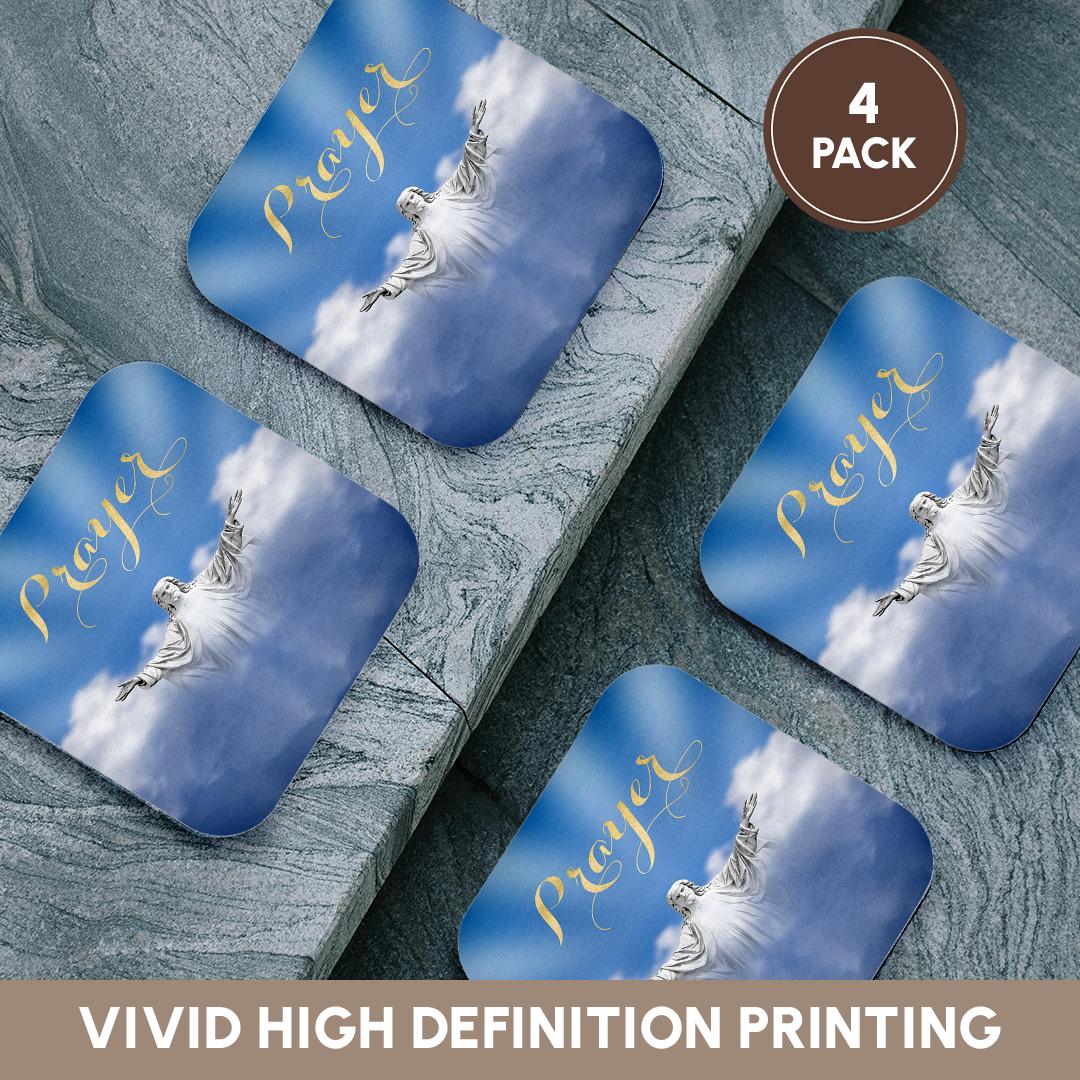 4-pack prayer coasters on stone, blue cloud design with Jesus and 'Prayer' script