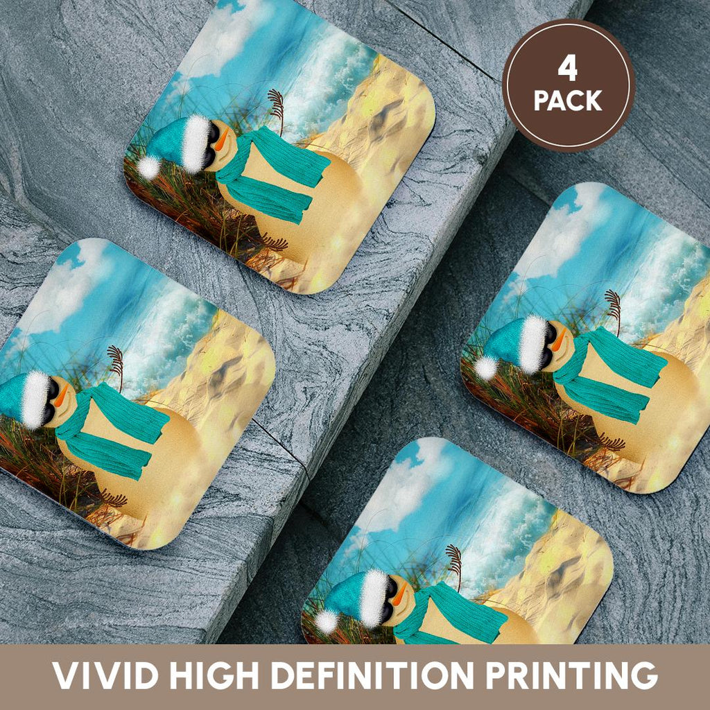 4-pack of square coasters with beach snowman graphic, teal scarf and ocean waves