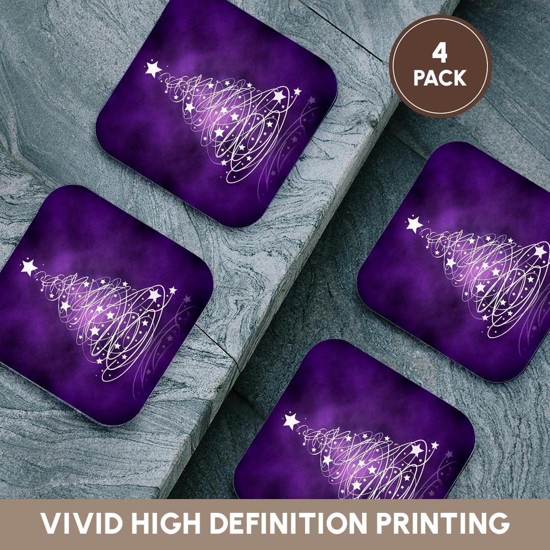 Set of four purple coasters with white sparkling Christmas tree artwork