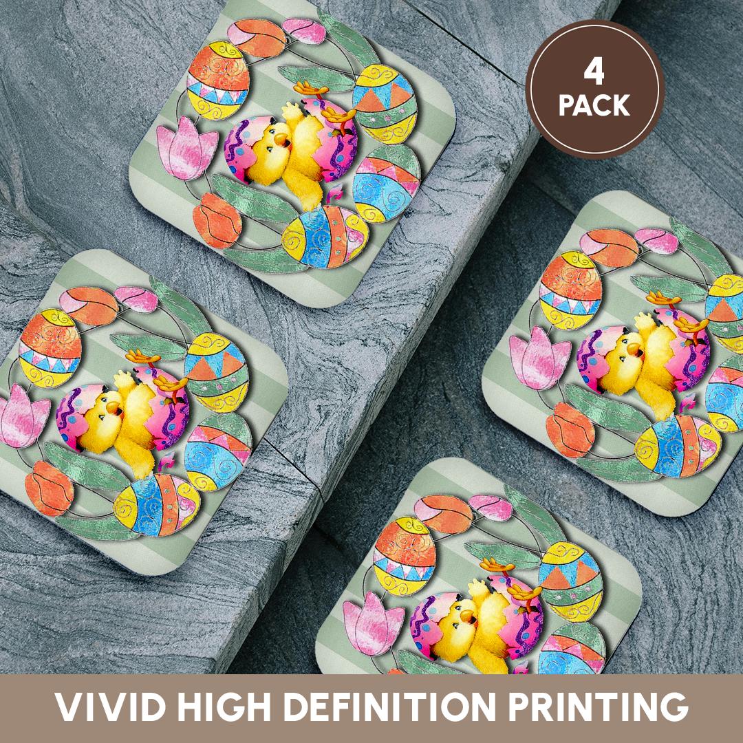 4-pack set of square coasters with Easter chick, decorated eggs and tulips pattern