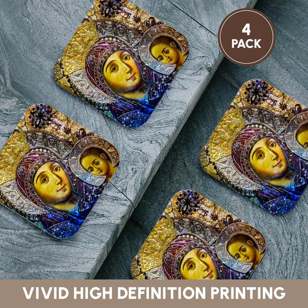 Four heart coasters with Mary and Jesus icon artwork, blue and gold
