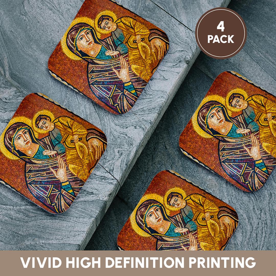 Set of 4 mosaic coasters featuring Mary, baby Jesus, and saint figures