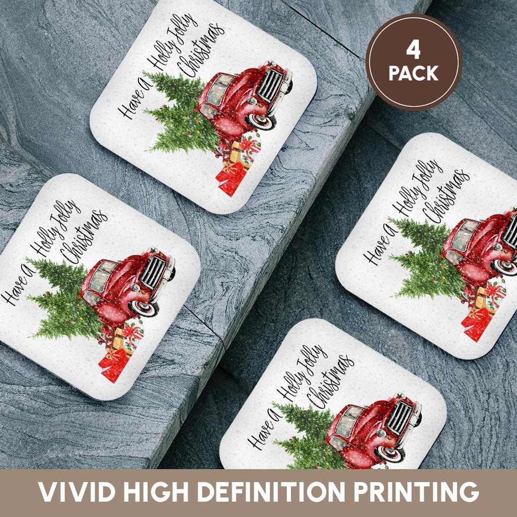 Four-pack of coasters with red vintage truck, holly branches, and Christmas phrase artwork