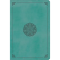 Turquoise imitation leather Bible cover with centered emblem design