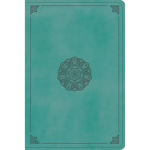 Turquoise imitation leather Bible cover with centered emblem design