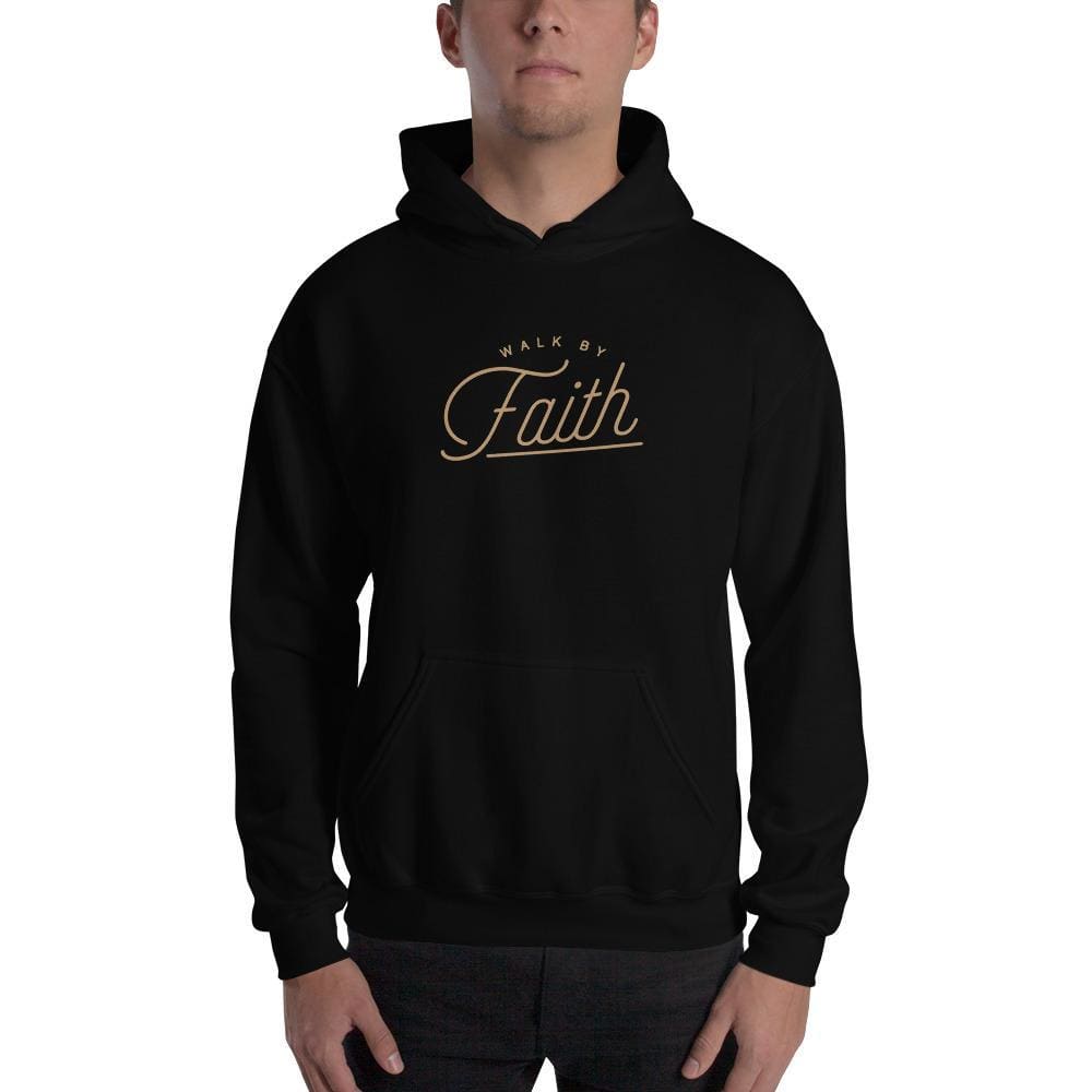 Black Christian hoodie sweatshirt with 'Walk by Faith' front graphic