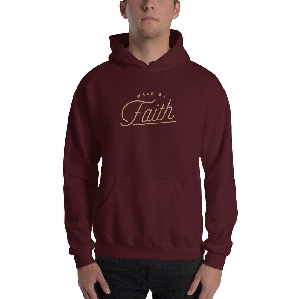 Maroon Christian hoodie sweatshirt with 'Walk by Faith' front graphic