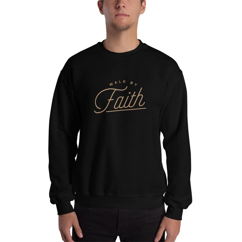 Men's black crewneck Christian sweatshirt with “Walk by faith” graphic on chest