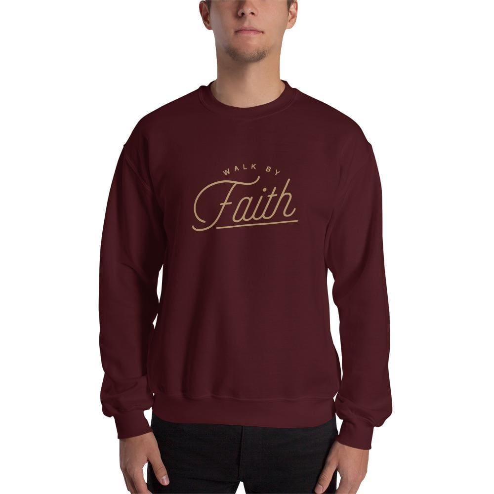 Men's maroon crewneck Christian sweatshirt with “Walk by faith” graphic on chest