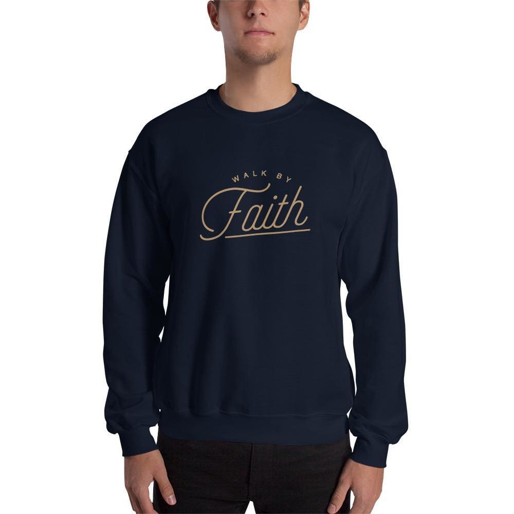 Men's navy crewneck Christian sweatshirt with “Walk by faith” graphic on chest