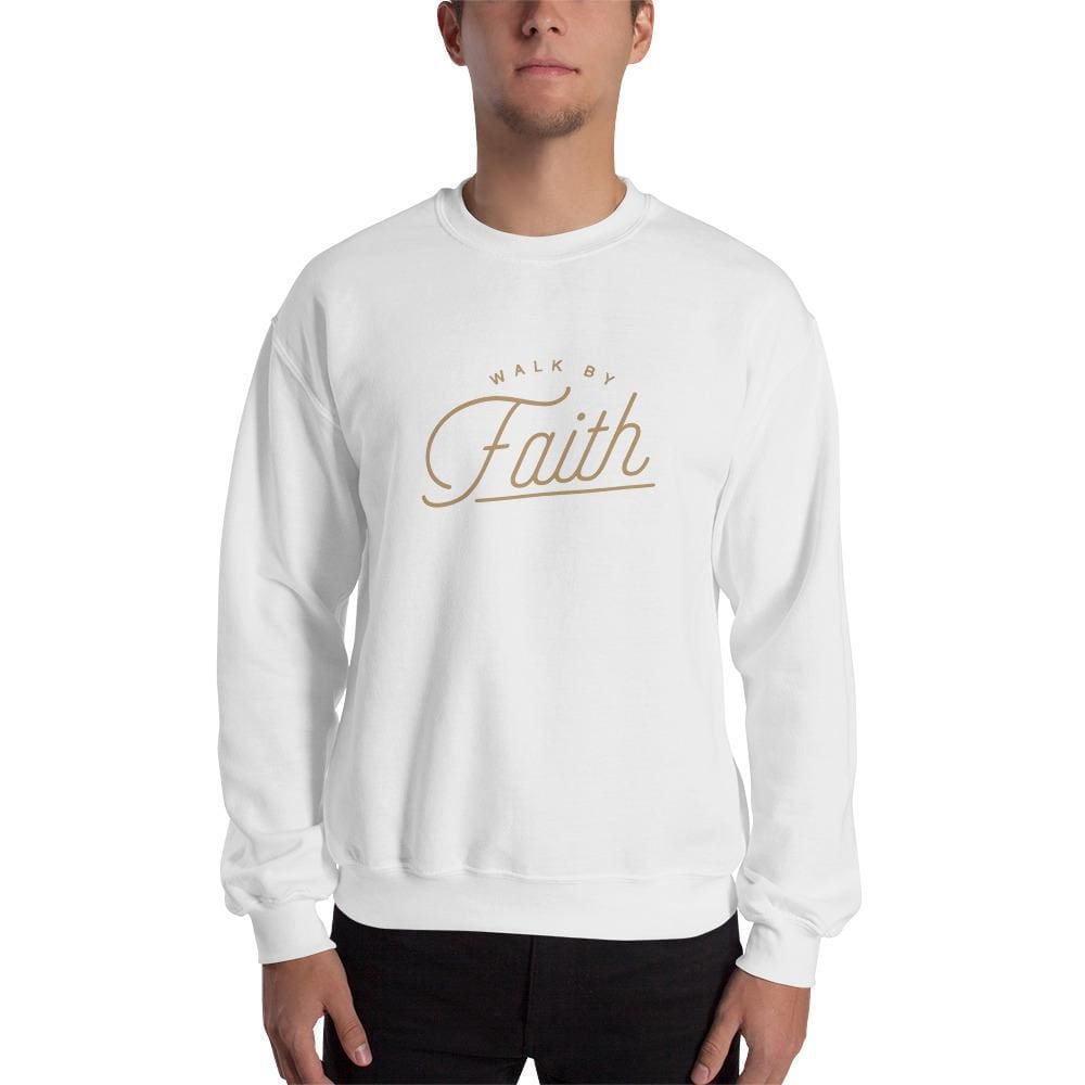 Men's white crewneck Christian sweatshirt with “Walk by faith” graphic on chest