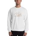 Men's white crewneck Christian sweatshirt with “Walk by faith” graphic on chest