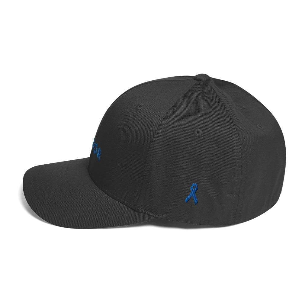 Dark grey fitted baseball cap with blue awareness ribbon embroidery on the side.