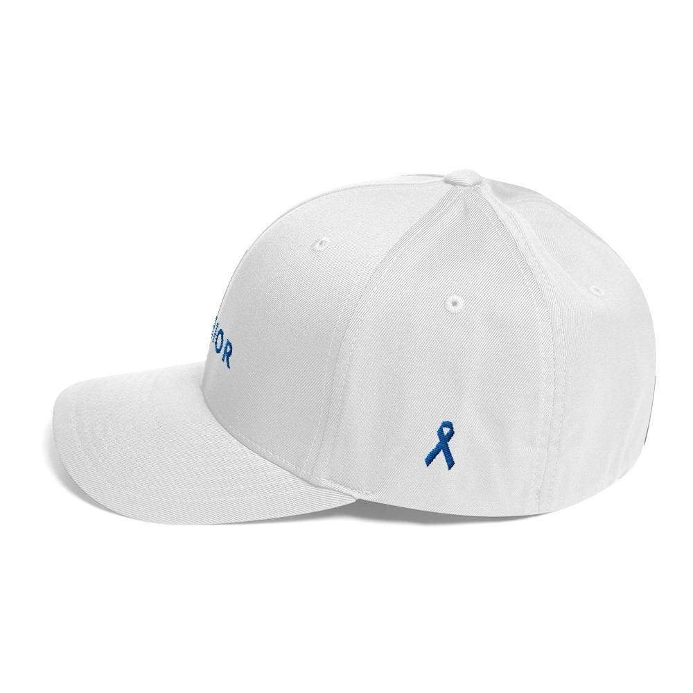White fitted twill baseball hat with blue awareness ribbon emblem