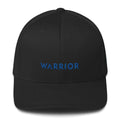 Black fitted baseball cap with blue WARRIOR logo on the front panel.