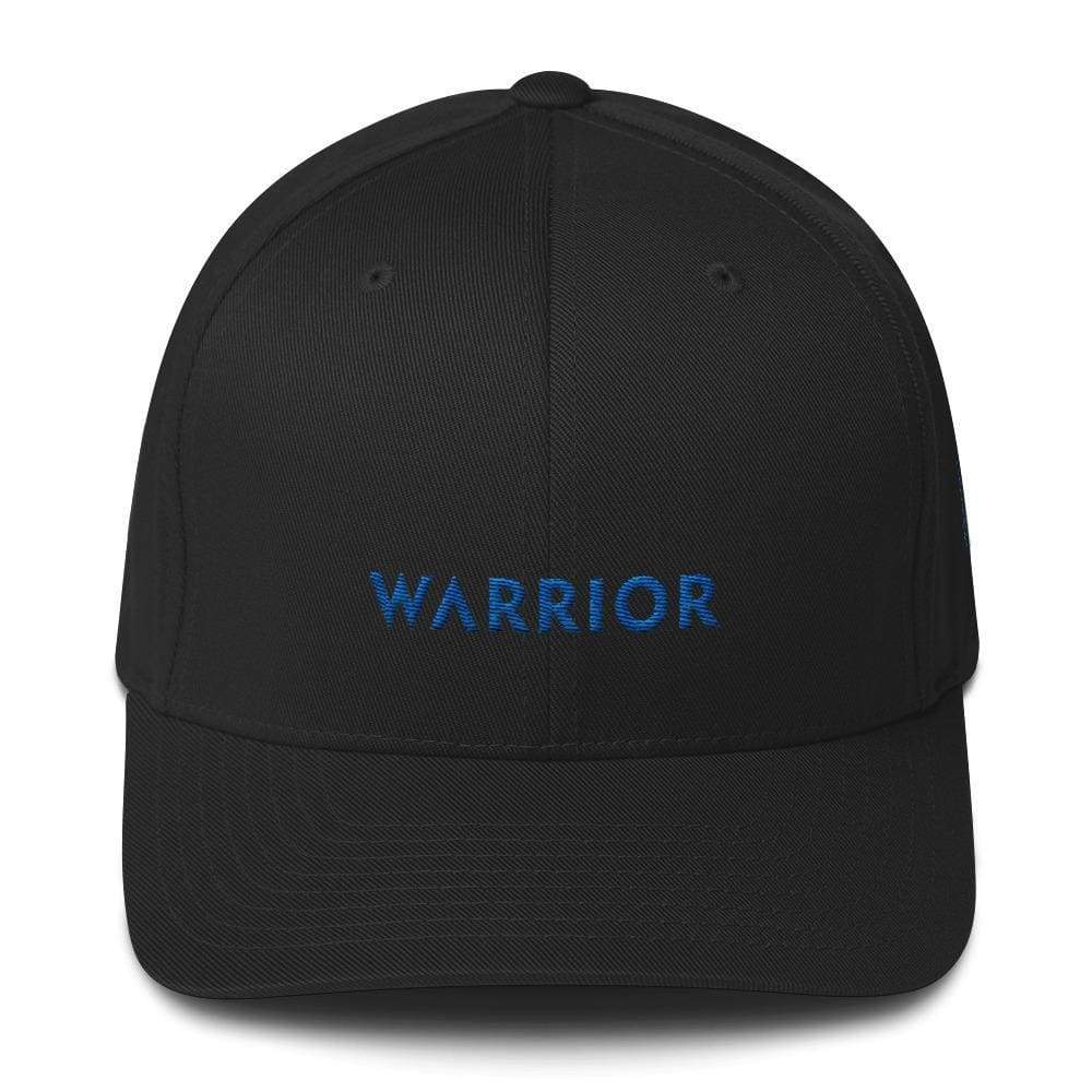 Black fitted baseball cap with blue WARRIOR logo on the front panel.