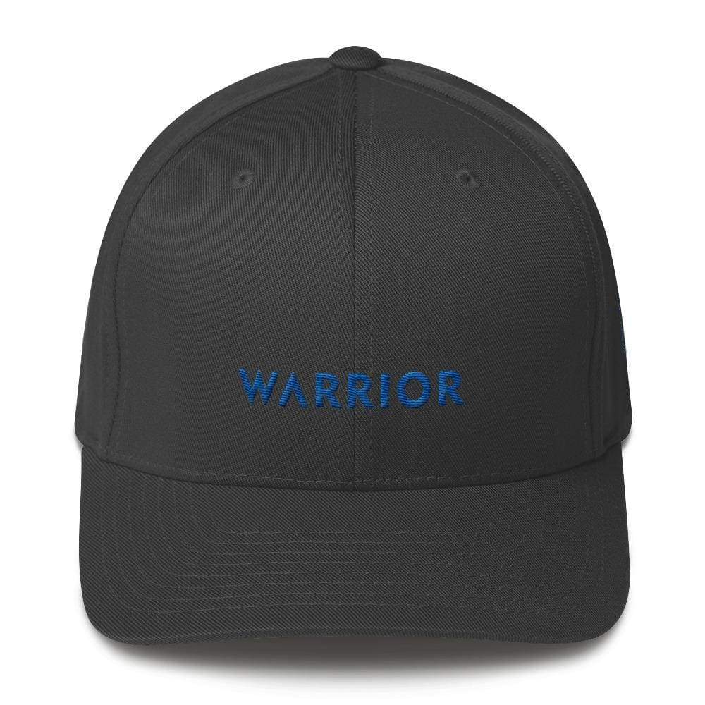 Dark grey fitted baseball cap with blue WARRIOR logo on the front panel.