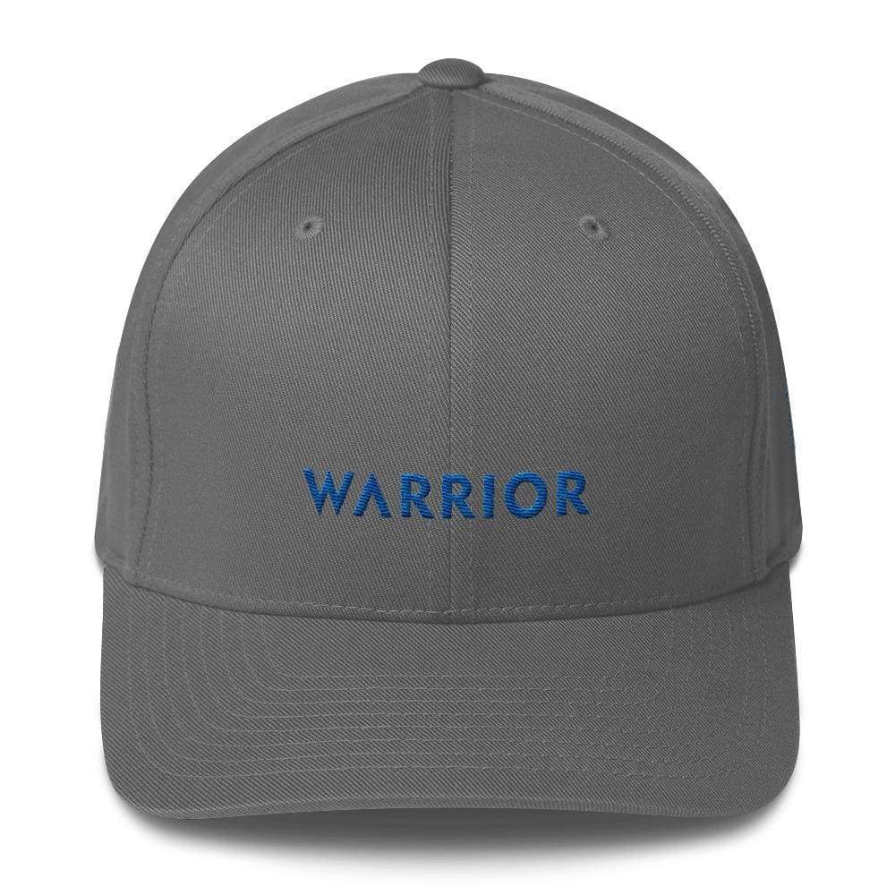 Grey fitted baseball cap with blue WARRIOR logo on the front panel.