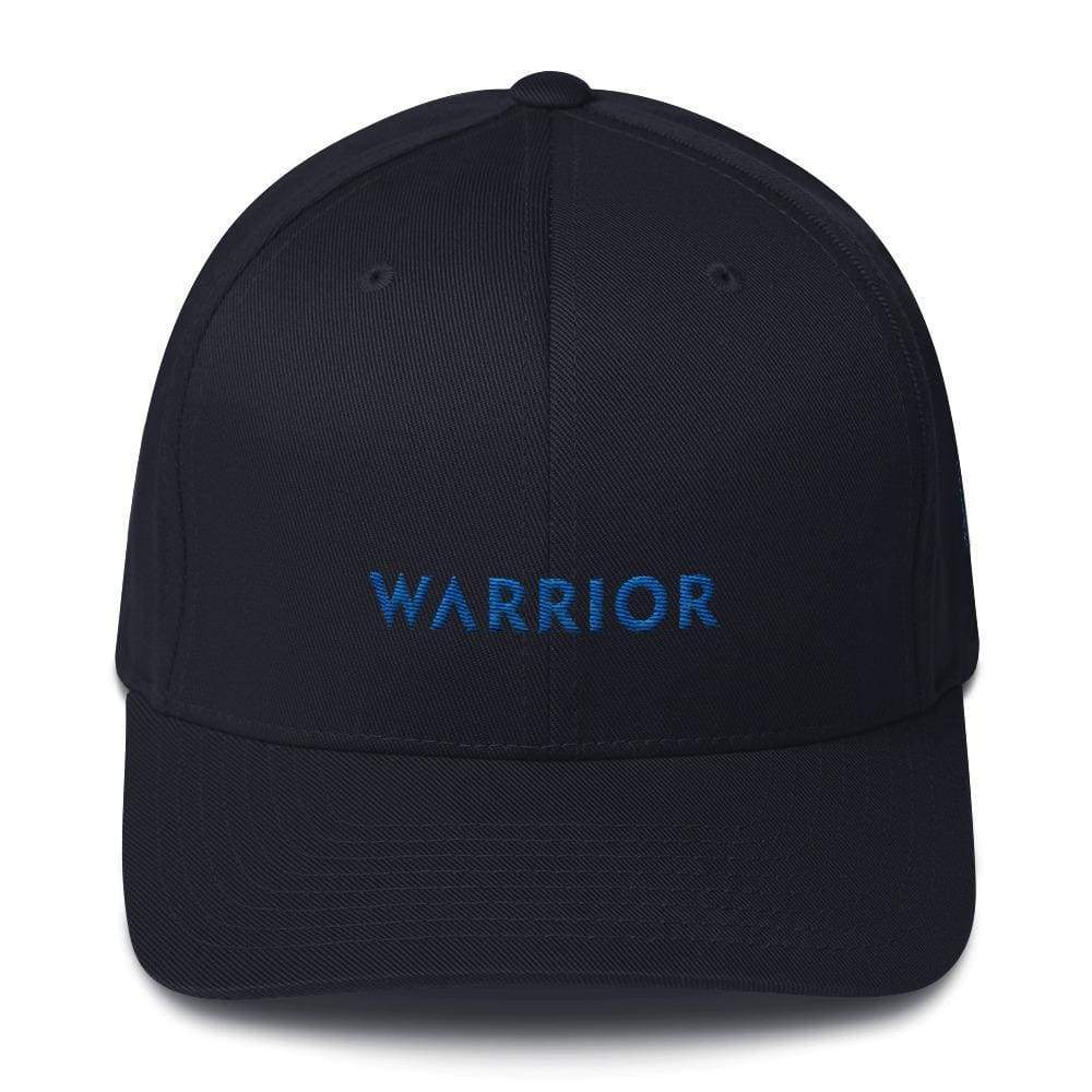 Dark navy fitted baseball cap with stitched front panel and blue WARRIOR logo.