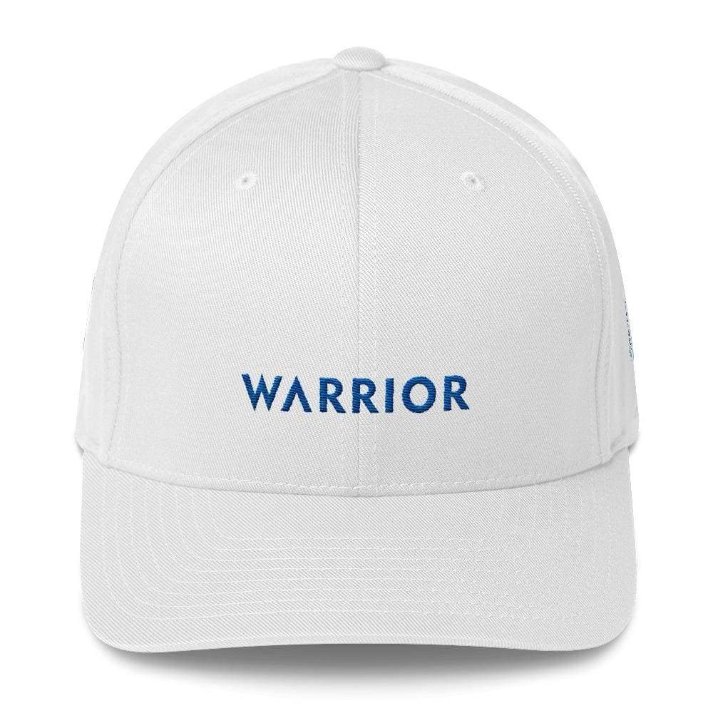 White fitted baseball cap with blue WARRIOR logo on the front panel.